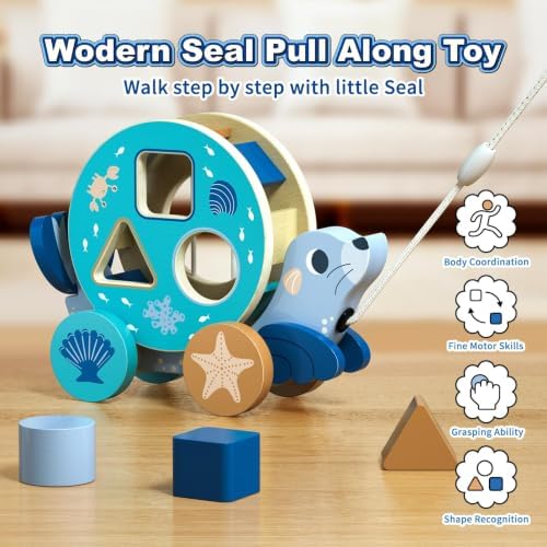 LOVELAND Wooden Pull Toy for Toddlers 1-3, Seal Shape Sorter, Boy Girl Gift - Image 4