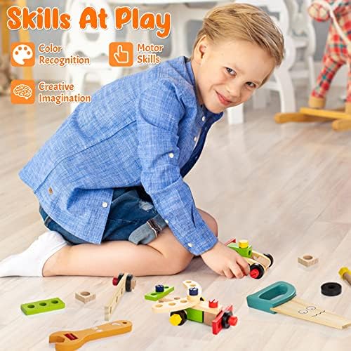 WOODMAM Wooden Kids Tool Set, 37Pcs Learning Construction Toy with Tool Box, Montessori Educational Building Toys Gift for 3+ Years Old Boys Girls - Image 2