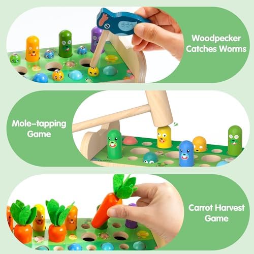 6-in-1 Wooden Montessori Toys for 1 2 3 Year Old, Mole-Tapping Game - Image 5