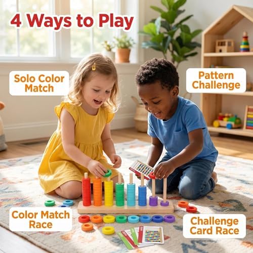 Color Sorting & Stacking Game with Challenge Cards for Kids, Wooden Color Matching Game with 40 Patterns(Easy & Hard), Fine Motor Skills Learning Montessori Toy, Preschool Educational Gift for Kids - Image 2