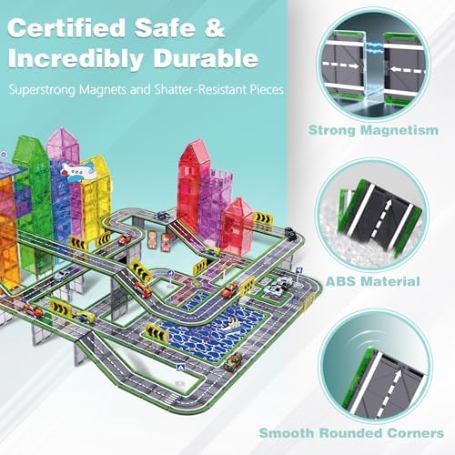 121PCS Magnetic Tiles Road Set with Pullback Cars. Magnet Tiles for Building Construction Toys with Ship, Airplane, Traffic Sign, STEM Magnetic Tiles for Kids Ages 4-8, Educational Gifts for Ages 3+ - Image 4