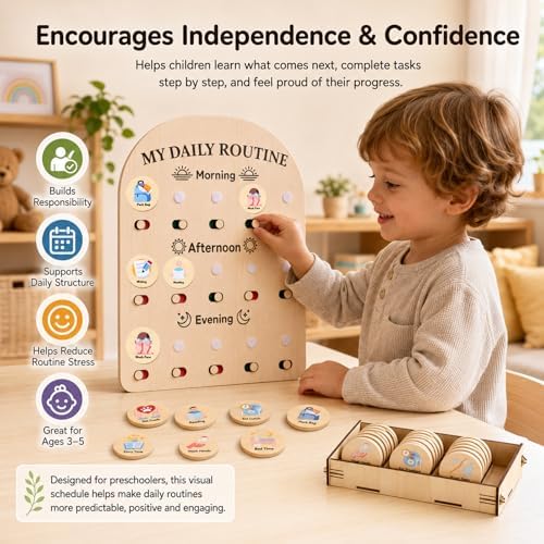 My Daily Routine Chart for Kids with Sliding Checklist – Wooden Visual Schedule Board for 3-5 Years Toddlers, Morning Afternoon Bedtime Activity Chore Chart for Independence Self Discipline - Image 2