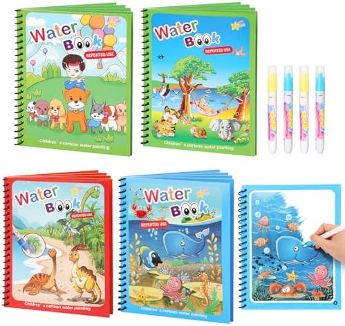 4 Pack Reusable Water Coloring Books for Toddlers, Paint with Water Books,Mess-Free Coloring Book, Portable Educational Doodle Drawing Toy, Improving Children's Imagination, Color Perception by Unknown