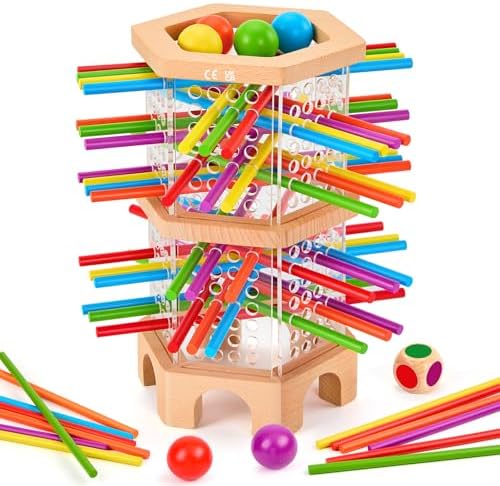 Montessori Wooden Board Game with 42 Sticks & Dice for Kids Ages 3-6 by Unknown