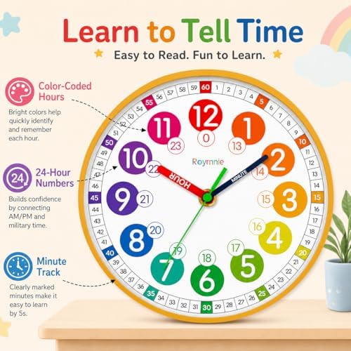 Roymnie Wall Clock Kids Battery Operated Silent Non-Ticking Classroom 8" - Image 2