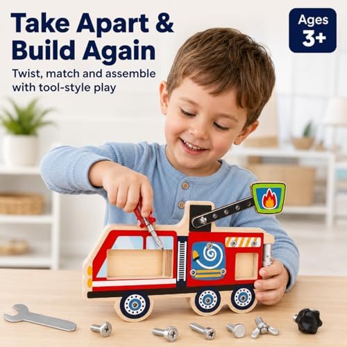 Wooden Fire Truck Screw Activity Board with Tools, Montessori-Inspired, 3+ - Image 2