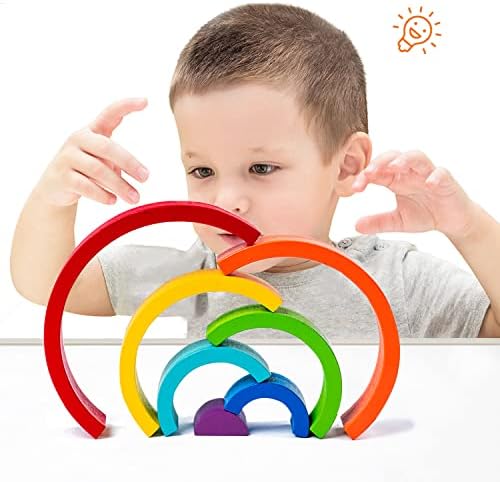 TUOWITA Wooden Rainbow Stacking Toy, Wood Stacker Arch Game, Montessori Arch Bridge Rainbow Building Blocks, Colorful Stacking Blocks Puzzles for Kids 2 3 4 5 Years Old, Rainbow Decor Toys - Image 2