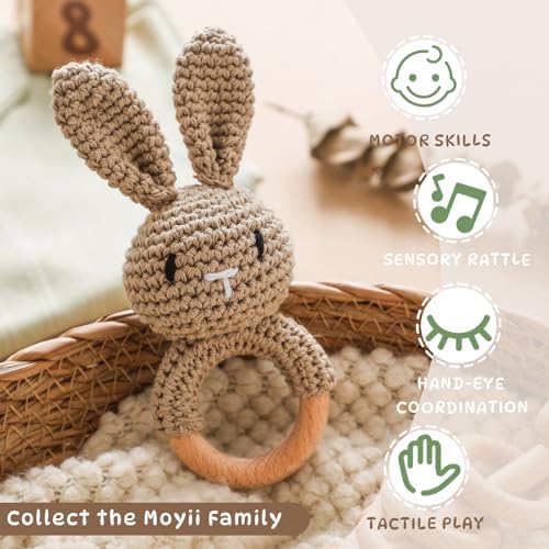 Moyii Natural Wooden Baby Rattle - Organic Crochet Bunny Teether Ring - Montessori Sensory Grasping Toy for Infants 0-12 Months, BPA-Free Handmade Newborn Shower Gift - Image 6