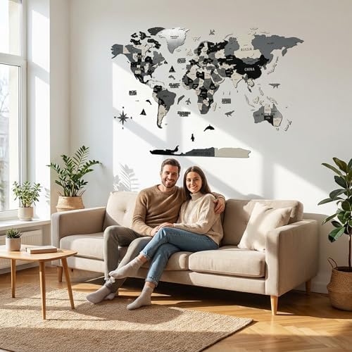 Colorfull Worlds 3D Wooden World Map Wall Art | Unique Wall Decor with Pins for Travel Enthusiasts | Home and Office Wall Décor | Grey | XXLarge - Image 2