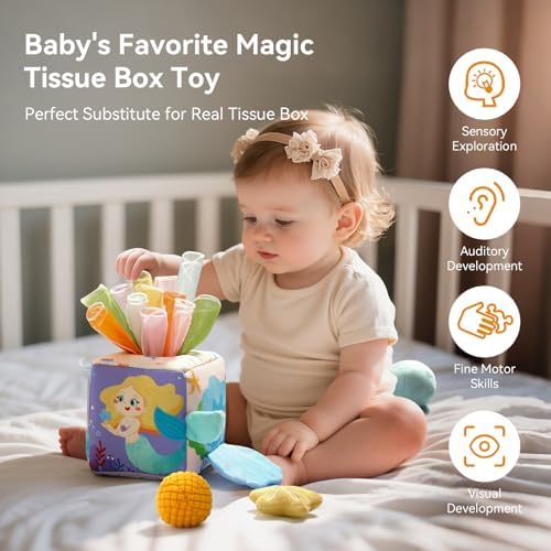 Youuys Baby Tissue Box Toy for Babies 6-12 Months - Montessori Sensory Busy Cube Toys with 3 Textured Balls & 12 Silky Scarves - Ideal Gift for Toddler Girls Ages 6 12 18 Months (Mermaid Theme) - Image 6