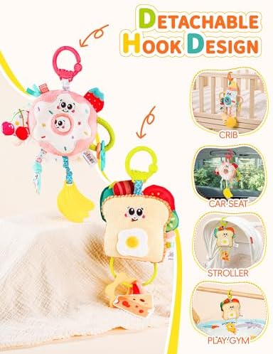 Jollybaby Baby Pull Vibration Toy - Tummy Time Sensory Hanging Toys for Car Seat, Stroller, Crib & Play Gym, with Babies Rattles & Teether, Airplane Travel Toys for Toddlers Gift - Donut - Image 5