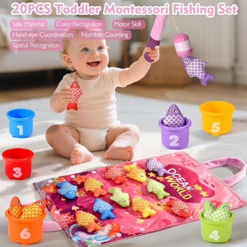 Montessori Toys for 1 Year Old - 20PCS Cloth Toddler Pink Fishing Game with Stacking Cups,Baby Color Sorting Toy 12-18 Months One Year Old Birthday Gift,Best Easter Gifts for 1-3 Year Olds - Image 2