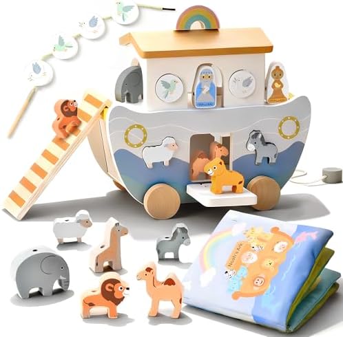 Wooden Noah's Ark Pull Along Toy with Bible Story Cloth Book - Montessori Sorting Set for Toddlers - Religious Baptism Gift for Boys & Girls -Christian Preschool Learning Toy for Kids by Unknown