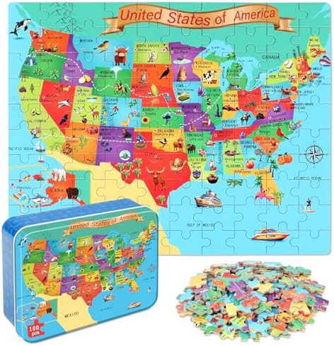 LELEMON Puzzles for Kids Ages 4-6,USA Map 100 Piece Puzzles for Kids Ages 4-8 in a Metal Box,Educational Jigsaw Puzzles 100 Piece Puzzle Games Puzzle Toys for Girls and Boys by LELEMON