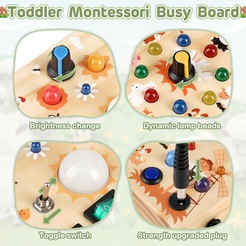 Sanlebi LED Busy Board for Toddlers 1-3,Montessori Toy with Key Switch, Light Up Wood Activity Sensory Board for Fine Motor Skills, Educational Travel Toy Gift for 1 2 3 Year Old Boys Girl - Image 3