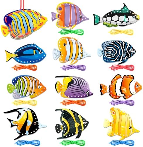 Omlisca Tropical Fish Lacing Cards for Kids 12 Pack Ocean Fish Sea Animals Double Sided Cards Sewing Games Ocean Theme Party Decorations for Home Developing Imagination Education Supplies by Omlisca