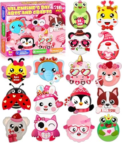 16 Pack Valentines Day Crafts for Kids, Toddler Crafts Paper Plate Art Kit Gift for 3 4 5 6 Year Old Boys Girls DIY Kids for Birthday Party Favor Preschool Classroom Party Games ﻿ by MDCGFOD