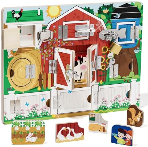 Wooden Latches Busy Board, Farm Montessori Sensory Toys Gift for kids by RRIBOUDWAN