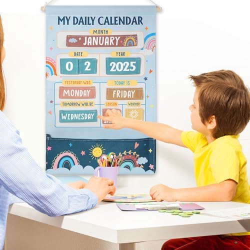 Blosssound 48 Pcs Learning Calendar Wall Chart My Daily Calendar for Kids Retro Hippie Boho Interactive Pocket Chart with Cards for Toddlers & Kids Circle Time Board for Classroom Preschool Learning - Image 5