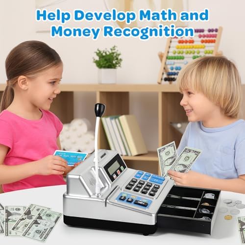Calculator Cash Register - 103 Pcs Toy Cash Register, Store Set with Microphone, Credit Card and Banking for Kids, Toddler Math Learning Toys, Preschool Gifts for 3, 4, 5, 6, 7, 8+ Years Old Boy Girl - Image 5