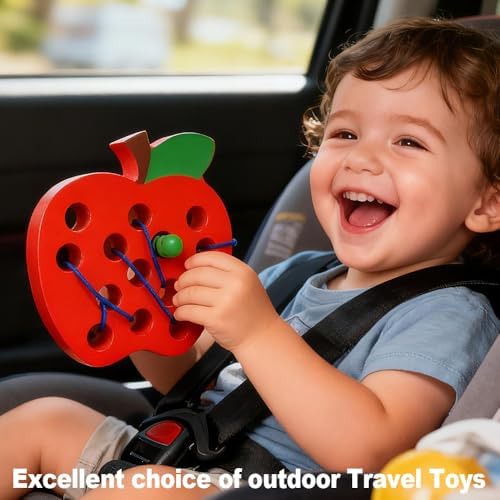 Lacing Toys for Kids,Wooden Threading Apple Travel Toys,Montessori Education Sensory Learning Fine Motor Skills, Wooden Block Puzzle Gifts for 3 Year Old Kids Boys Girls - Image 4