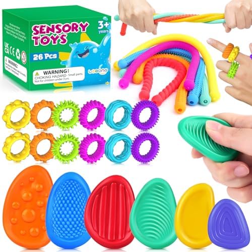 Fidget Sensory Toys for Kids: 26 Pack Quiet Squishy Fidgets for Classroom Students Prizes- Textured Soft Fidget Rings Stretchy Strings for Autism - Office Desk Toddler Travel Fidget Box,Easter Gifts by LESONG
