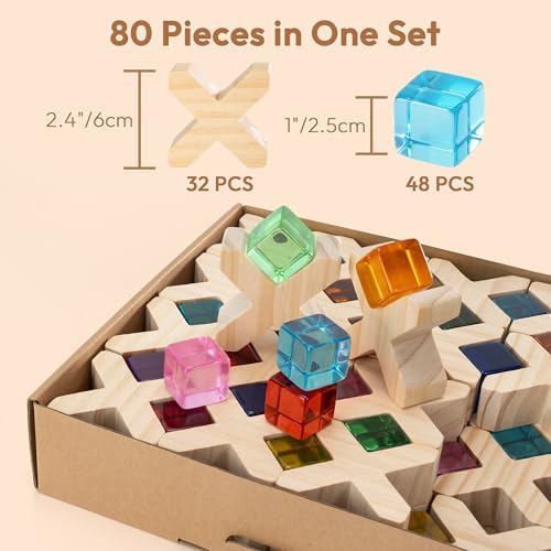 Woodtoe 80 PCS Rainbow Building Blocks Set, Wooden Blocks for Kids Ages 3-6 - Image 2