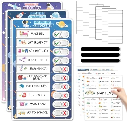 3 in 1 Bedtime/Morning/Weekly Astronaut Routine Chart for Kids, Magnetic Chore Chart for Toddlers, Visual Schedule for Kids Toddlers Schedule Board for Home by CustomMaster