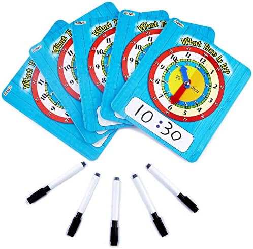 ZazzyKid Time Learning Analog Clock for Kids - Pack of 5 (7 x 8 Inches) with 5 Erasable Markers: Teach Children to Tell The Time by ZazzyKid