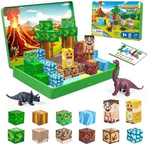 Mini Magnetic Blocks Travel Set with Magnetic Case-52 PCS Magnet Building Cubes Dinosaur Toys for Kids 3-5, Toddler Travel Toys Airplane Essentials, STEM Montessori Toys Christmas Stocking Stuffers by Unknown