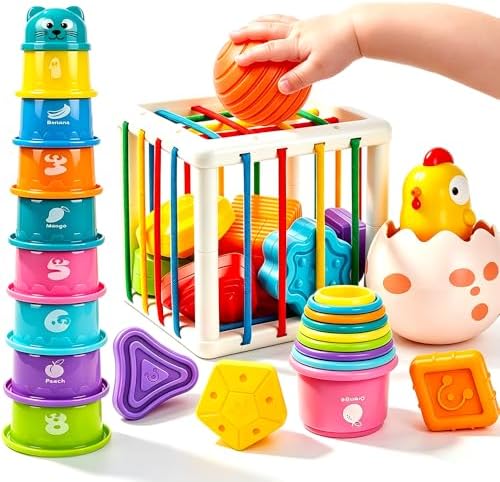 4 in1 Montessori Toys for 1 Year Old,17 Pcs Boys Girls 1st Birthday Gifts, Stacking Cups,Shape Sorter,Multi Sensory Shapes for Babies Early Educational Baby Travel Toys for Toddler 6-12 Months by Caiery