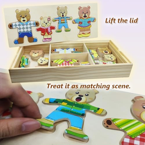 Wooden Bear Family Dress-up Puzzle Box for Toddlers(72pcs),Change Clothes Puzzle Games, Preschool Learning Activities Toys for Kids Ages 3+ - Image 3