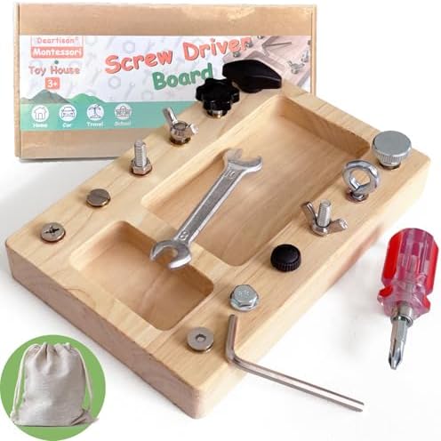 Montessori Screwdriver Board Set, Real 17 Pcs & 12 Holes Fine Motor Skills 3 4 5 +Kids Patience Basic Life Skill Educational Wooden STEM Toys for Toddler Preschool Materials Busy Sensory Tools by Deartisan