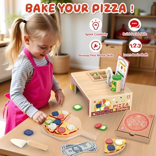 WOODMAM Wooden Pizza Toy, 48 PCS Montessori Pretend Play Food for Ages 3+ - Image 2