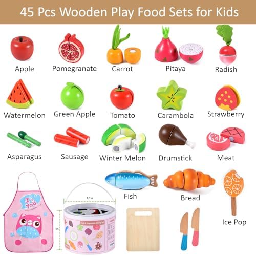 WHOHOLL 45 Pcs Wooden Play Food Cutting Toys for Kids Kitchen, Pretend Fruit and Vegetable Set with Storage Bucket, Play Kitchen Accessories Birthday Gift for Boys Girls Ages 3 4 5 6 - Image 6