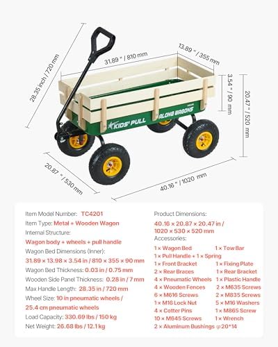 VEVOR 39 inch Pull Along Kids Wagon, Red Rolling Cargo Toy Wagons for Kids, Outdoor Utility Cart for Garden Beach Camping with All Terrain Wheels for Child Present, Supports up to 330 lbs - Image 7