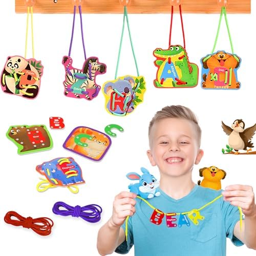 26 Pairs Animals Lacing Cards| Alphabet Sewing Cards Kits for Toddlers by ArRuKiKIDS