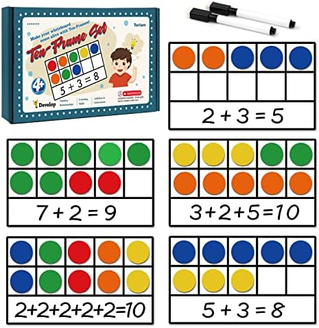 Torlam Magnetic Ten-Frame Set - Math Manipulative for Elementary - 5 Ten Frames & 55 Magnetic Counters for Kids, Kindergarten Math Games (Upgraded Version for Hand-held & 2 Black Pens) by Torlam