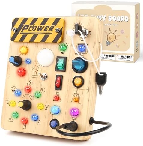 LED Busy Board for Toddlers 1-3,Montessori Sensory Toy with Key Switch and Plug, Light Up Wood Activity Switch Board for Fine Motor Skills, Educational Travel Toy Gift for 1 2 3 Year Old Boys Girls by Sanlebi