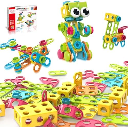 PicassoTiles 115 Piece Building Blocks Set Kids STEM Toy Construction Engineering Sensory Toys Kit Block Children Early Education Playset with FREE IdeaBook, Clickable Ratchet Age 3+ Boys Girls PTN115 by PicassoTiles