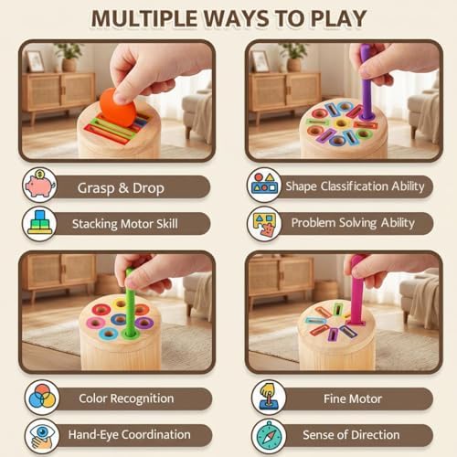 Wooden Montessori Toys for 1, 2,3 Year Old: 4 in 1 Fine Motor Skills, Learning Color Matching Sorting Sensory - Easter Basket Stuffer for Toddler Boy Girls - 18 Month - Image 4
