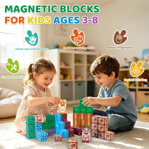 Mini Magnetic Blocks Travel Set with Magnetic Case-52 PCS Magnet Building Cubes Dinosaur Toys for Kids 3-5, Toddler Travel Toys Airplane Essentials, STEM Montessori Toys Christmas Stocking Stuffers - Image 2