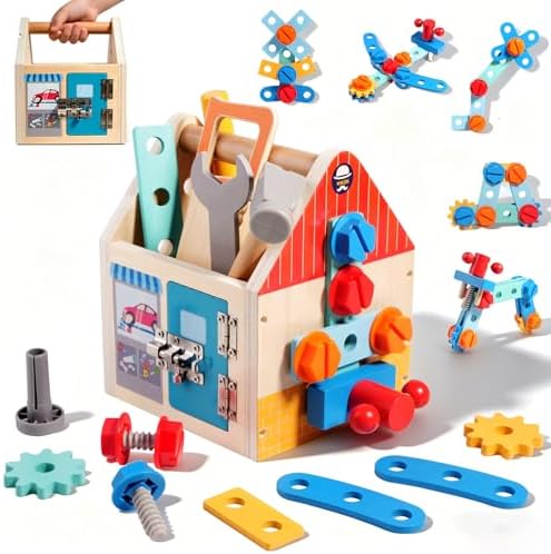 Wooden Toddler Tool Bench with Construction Tools, Screws, Gears & Latches by Brownroot