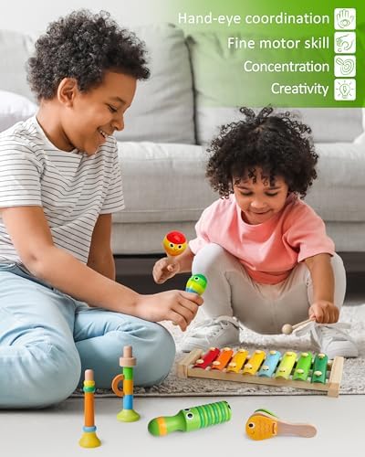 Coogam Wooden Musical Instruments for Toddlers, Tambourine Xylophone Castanet Flute Maracas Playset, Wood Percussion Rhythm Music Toy, Montessori Educational Learning Gift - Image 6