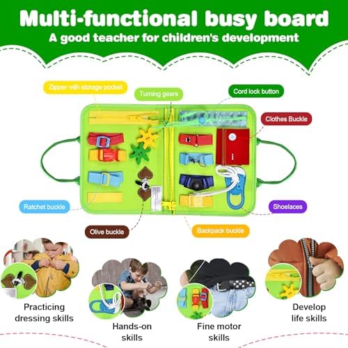 JHkim Busy Board Montessori Toys, Birthday Gifts for Boys Girls, Autism Sensory Travel Toy, Educational Activity Busy Book Board, Learning Fine Motor Skills Toys, Green - Image 3