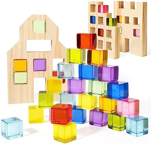 Woodtoe 36 PCS Rainbow Acrylic Gem Blocks, Wooden Blocks for Kids Ages 3-6 by Woodtoe