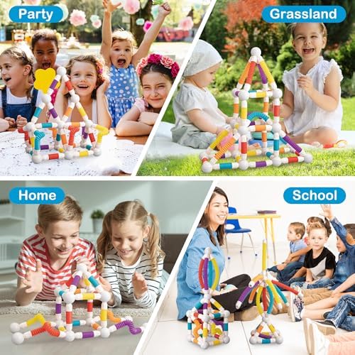 ROUSKY Magnetic Building Blocks Construction Set, 66 Pieces, Educational STEM Toy with Flexible Tubes and Connectors (66PCS) - Image 2
