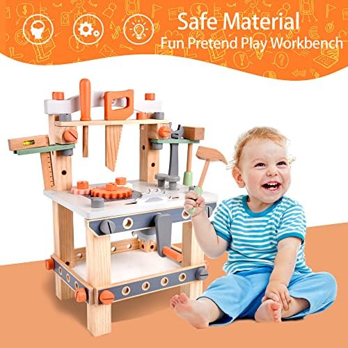 varbertos Wooden Tool Bench for Kids Toddlers, Pretend Play Workbench Set Workshop Workbench Construction Toys Gift for 3 4 5 Years Old Girls & Boys - Image 2