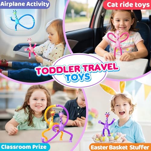 Giraffe Sensory Travel Toys 4Pcs for Road Trip Car Ride Airplane Toddler Girl Year Old Ages 3 4 5 6 7 8, Suction Autism Pop Tube Fidget Toy Autistic Valentines Day Stocking Easter Basket Stuffer Gift - Image 6