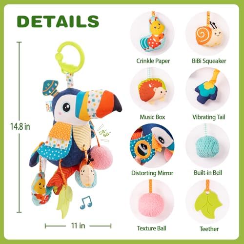 Jollybaby Musical Activity Pull String Hanging Toy for Baby Stroller Car Seat Crib Play Gym, Plush Stuffed Toucan Toy for Carseat with Music Teether Rattles, Sensory Toy for Baby Gift - Image 5